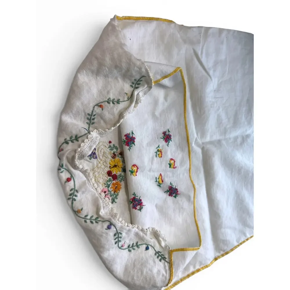 Throw Pillow cover vintage hand-embroidered floral basket crocheted 16